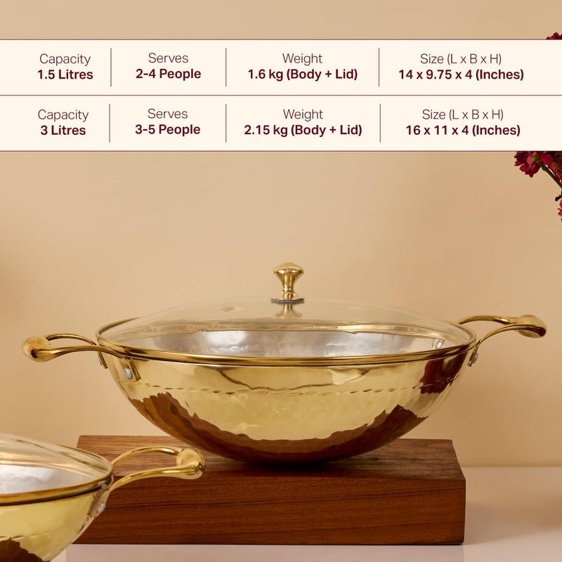 P-TAL Brass Kadhai 1.5L with Insulated Heat-Resistant Handle and Glass Lid | 100% Pure Brass Tin Coated Kadai for Cooking | Non-Stick and Chemical-Free (Glass Lid 1.5 Litre) - Image 2
