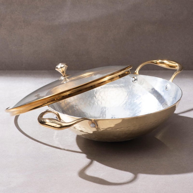 P-TAL Brass Kadhai 1.5L with Insulated Heat-Resistant Handle and Glass Lid | 100% Pure Brass Tin Coated Kadai for Cooking | Non-Stick and Chemical-Free (Glass Lid 1.5 Litre) - Image 1