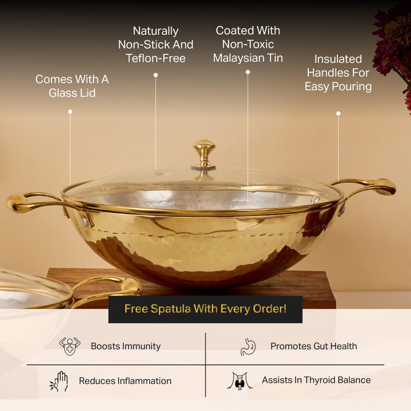 P-TAL Brass Kadhai 1.5L with Insulated Heat-Resistant Handle and Glass Lid | 100% Pure Brass Tin Coated Kadai for Cooking | Non-Stick and Chemical-Free (Glass Lid 1.5 Litre) - Image 3