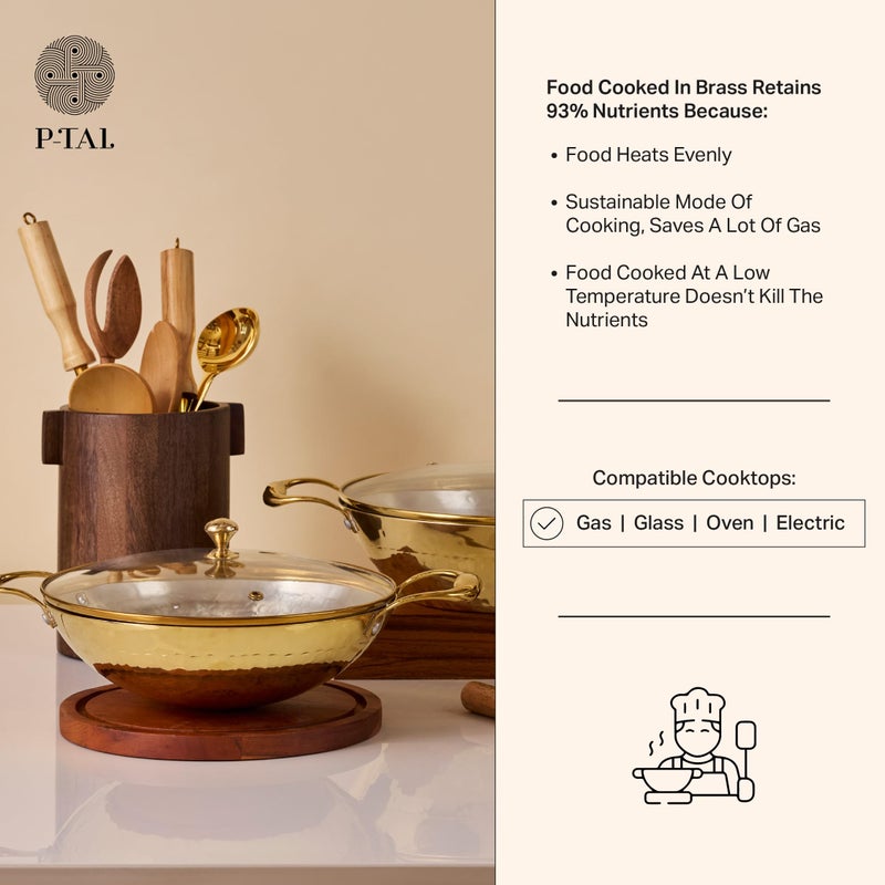 P-TAL Brass Kadhai 1.5L with Insulated Heat-Resistant Handle and Glass Lid | 100% Pure Brass Tin Coated Kadai for Cooking | Non-Stick and Chemical-Free (Glass Lid 1.5 Litre) - Image 5