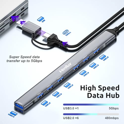 Verilux® USB Hub 3.0 for PC Type C Hub 7 in 1 High Speed 3.0 Multi USB Port for Laptop 5Gbs Transfer Speed USB Extender Multiple USB Connector for MacBook Air/Pro M1/M2, iPad Pro, Dell, Samsung Galaxy - Image 3