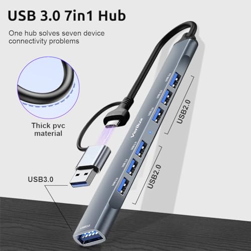 Verilux® USB Hub 3.0 for PC Type C Hub 7 in 1 High Speed 3.0 Multi USB Port for Laptop 5Gbs Transfer Speed USB Extender Multiple USB Connector for MacBook Air/Pro M1/M2, iPad Pro, Dell, Samsung Galaxy - Image 5