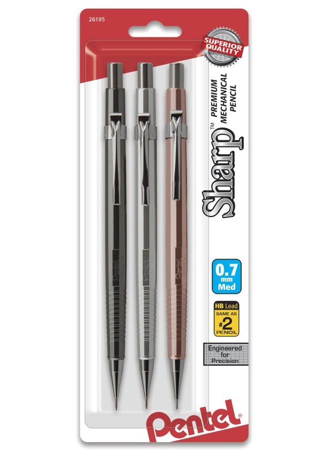 Pentel Sharp Mechanical Pencil 0.7Mm Metallic Barrels, Assorted Colors, Pack of 3 (P207MBP3M) - Image 1