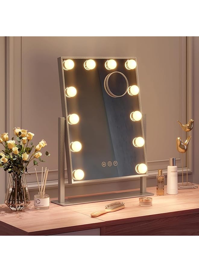 The Bros Vanity Mirror with 12 Dimmable LED Lights, 3 Color Modes, 360° Rotating and Smart Touch Control Screen & 360 Degree Rotation Makeup Mirror for Dressing Table, Sliver - Image 1