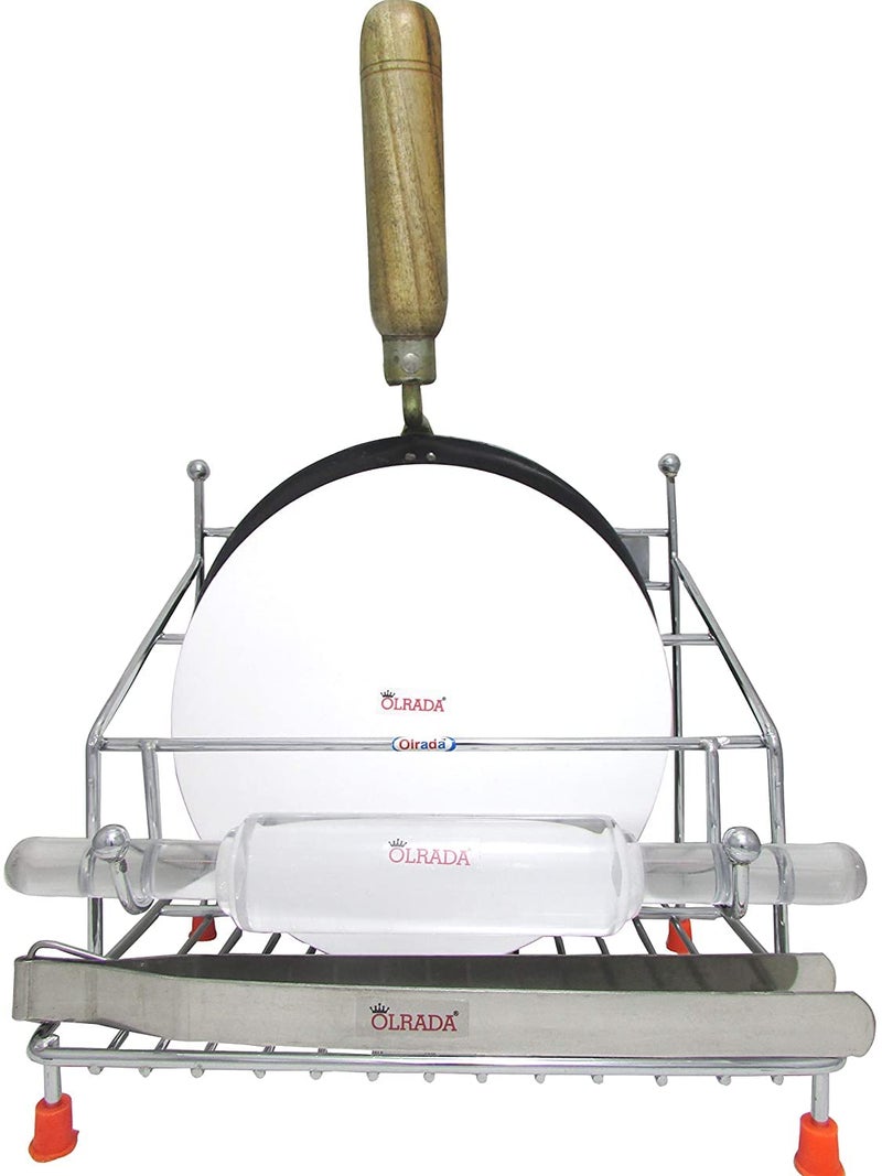 Olrada Stainless Steel Chakla Belan Tawa Chimta or Spoon Stand 4in 1 Chakla Belan Tawa Holder Standard Size Silver - Image 1