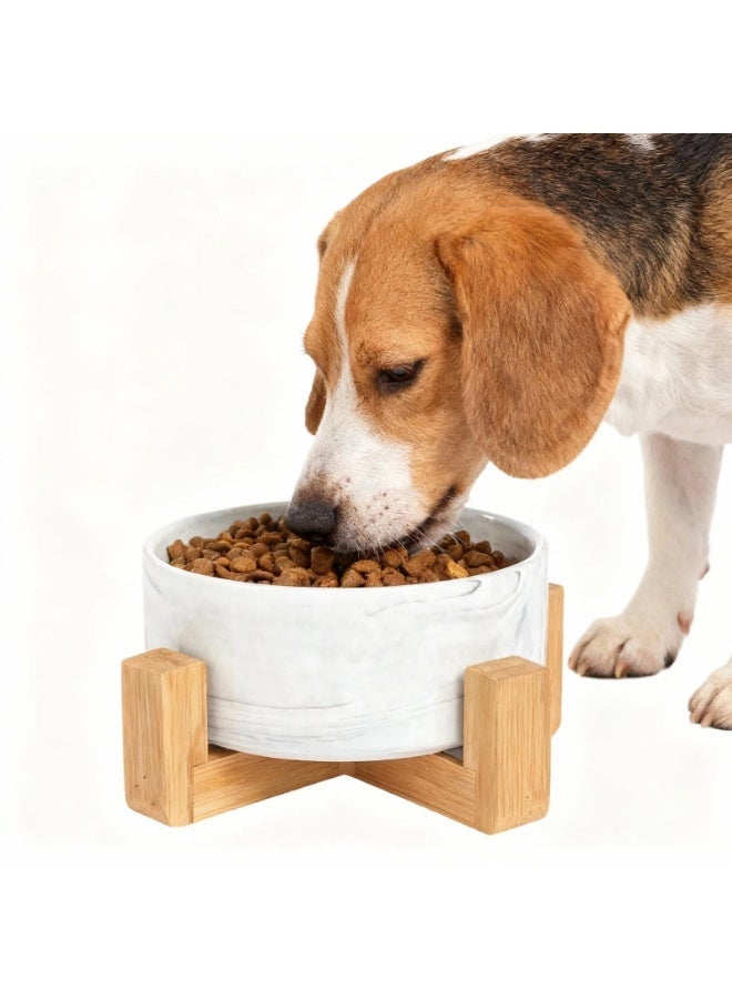 EPET Elevated Marble Pattern Ceramic Pet Bowl with Wood Stand, Single Bowl(Grey, Medium) - Image 1