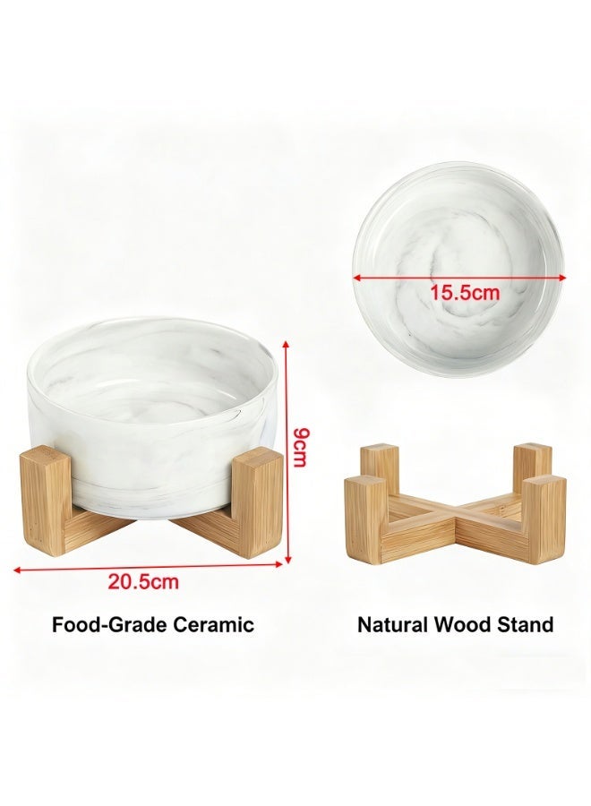 EPET Elevated Marble Pattern Ceramic Pet Bowl with Wood Stand, Single Bowl(Grey, Medium) - Image 2