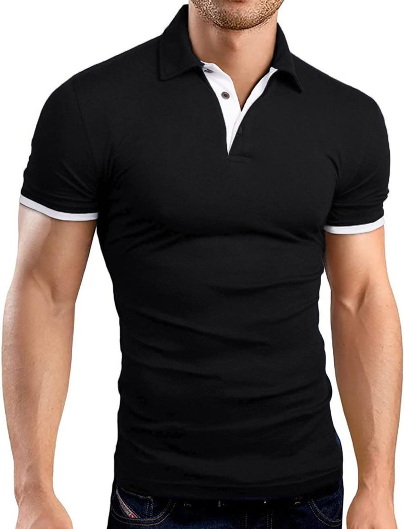 KUYIGO Men's Short Sleeve Polo Shirts Casual Slim Fit Basic Designed Cotton Collared Shirt Medium Black - Image 1