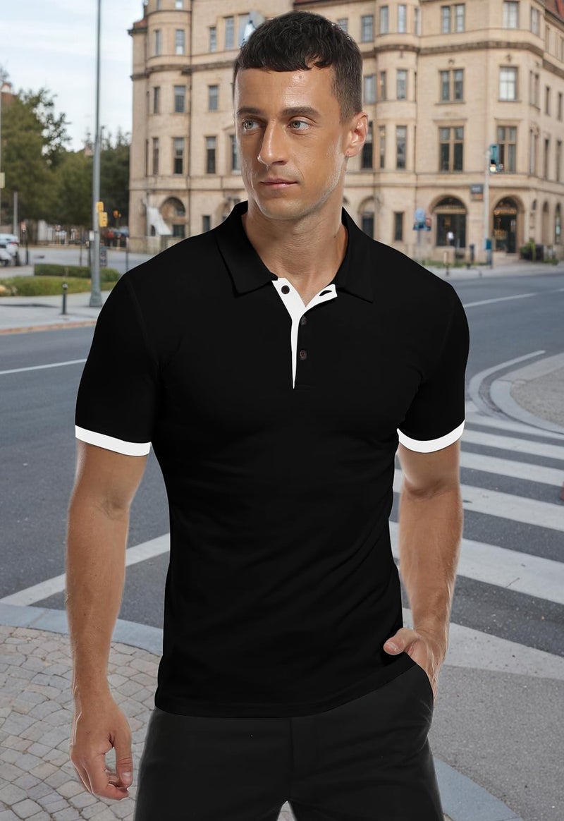 KUYIGO Men's Short Sleeve Polo Shirts Casual Slim Fit Basic Designed Cotton Collared Shirt Medium Black - Image 5