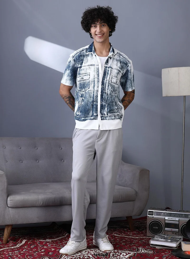 Campus Sutra Campus Sutra Men's Navy Blue Denim-Imprint Relaxed Shirt | Spread Collar , Short Regular Sleeves , Button Closure , Straight Hem | Printed-Plain | Cotton-Blend Shirt For Casual Wear