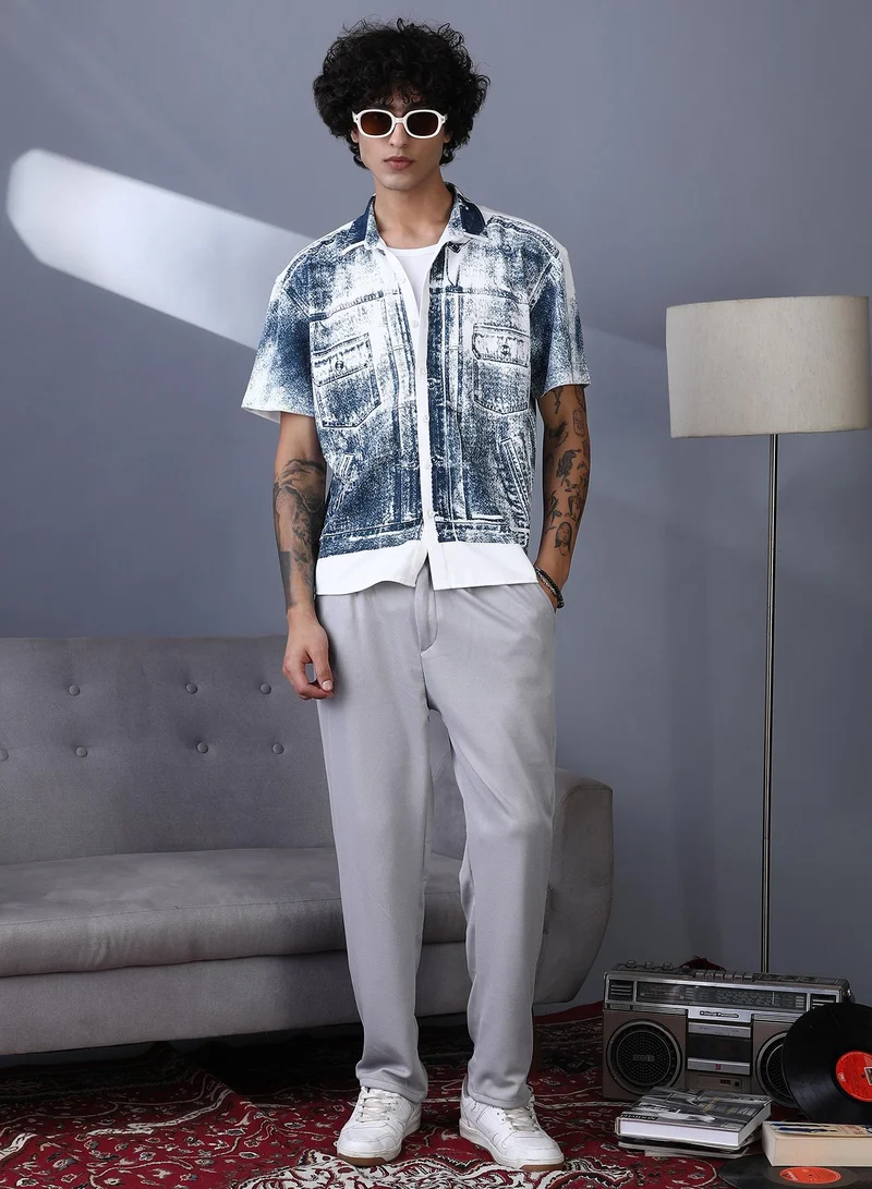 Campus Sutra Campus Sutra Men's Navy Blue Denim-Imprint Relaxed Shirt | Spread Collar , Short Regular Sleeves , Button Closure , Straight Hem | Printed-Plain | Cotton-Blend Shirt For Casual Wear