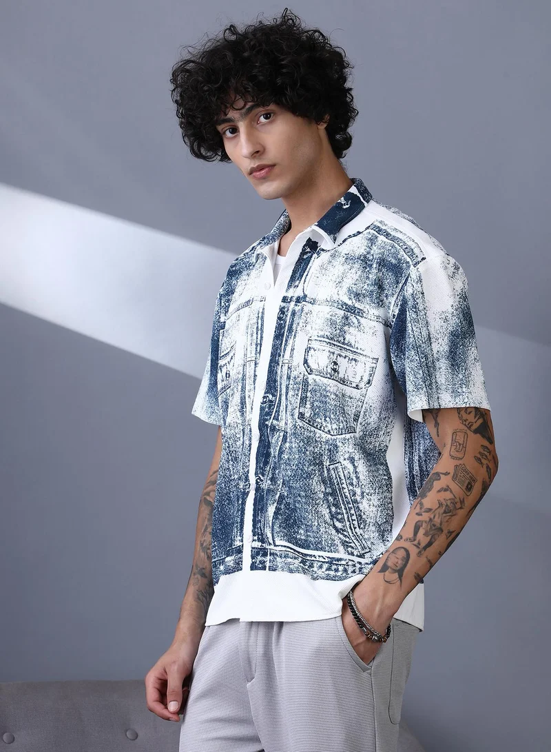 Campus Sutra Campus Sutra Men's Navy Blue Denim-Imprint Relaxed Shirt | Spread Collar , Short Regular Sleeves , Button Closure , Straight Hem | Printed-Plain | Cotton-Blend Shirt For Casual Wear