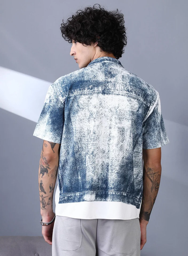 Campus Sutra Campus Sutra Men's Navy Blue Denim-Imprint Relaxed Shirt | Spread Collar , Short Regular Sleeves , Button Closure , Straight Hem | Printed-Plain | Cotton-Blend Shirt For Casual Wear
