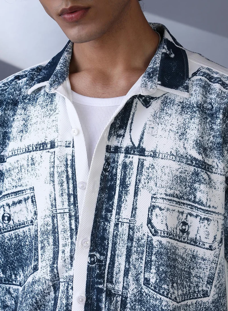 Campus Sutra Campus Sutra Men's Navy Blue Denim-Imprint Relaxed Shirt | Spread Collar , Short Regular Sleeves , Button Closure , Straight Hem | Printed-Plain | Cotton-Blend Shirt For Casual Wear