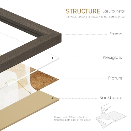Fisnish 11x14 Picture Frame, Solid Wooden Picture Frames, Display 11x14 Photos without Mat, Horizontal or Vertical Wall Mounting, Smoked Wood Grain, 1 Pack - Image 4