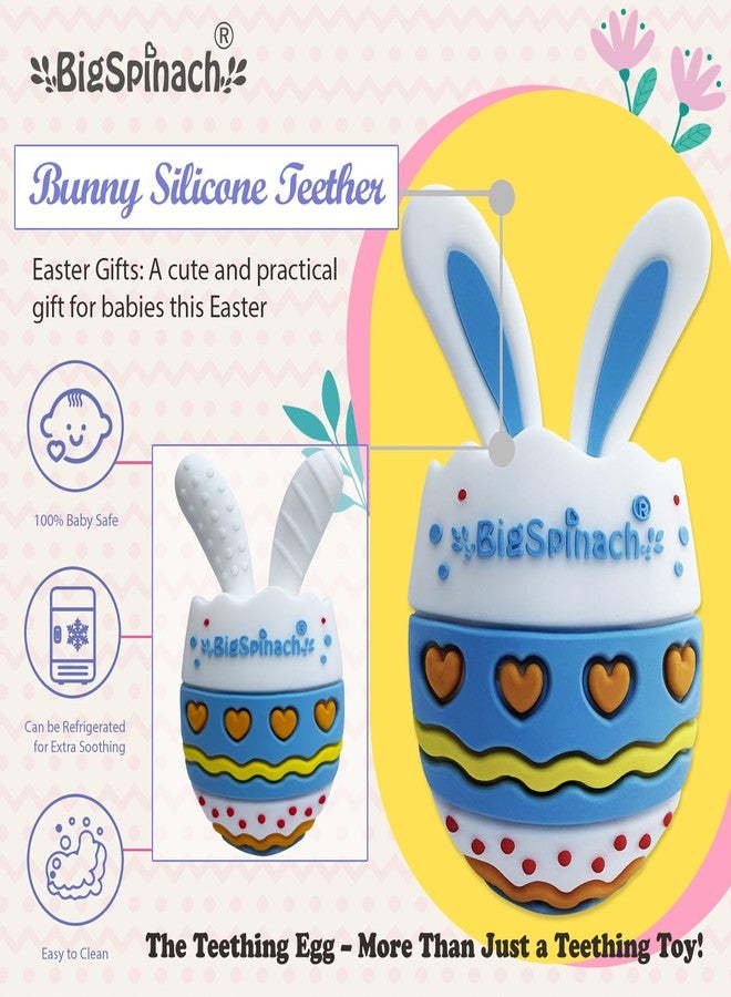 BIGSPINACH Easter Egg Baby Teether,Baby Teething Toy for Pain Relief,Silicone Bunny Rabbit Teether,Easter Gift for Babies,Sensory Toy for Boys & Girl (Blue) - Image 3