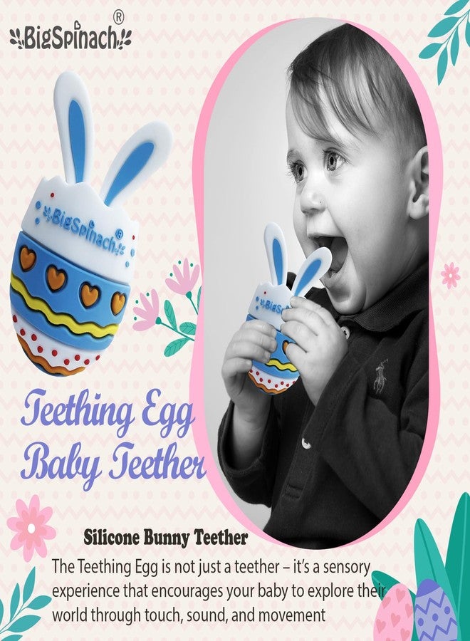 BIGSPINACH Easter Egg Baby Teether,Baby Teething Toy for Pain Relief,Silicone Bunny Rabbit Teether,Easter Gift for Babies,Sensory Toy for Boys & Girl (Blue) - Image 4