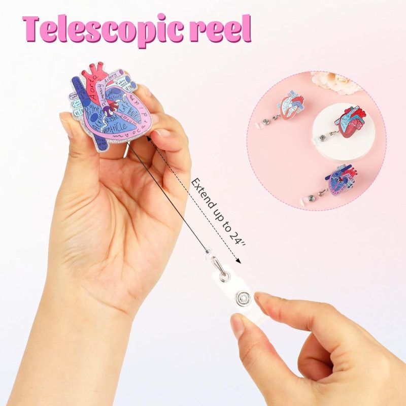 Retractable Badge Reel 3-Pack Purple Red Orange - Heart Anatomy Design Durable Acrylic Metal Construction 360-Degree Rotating Clip for Healthcare Workers Office Professionals - Image 2