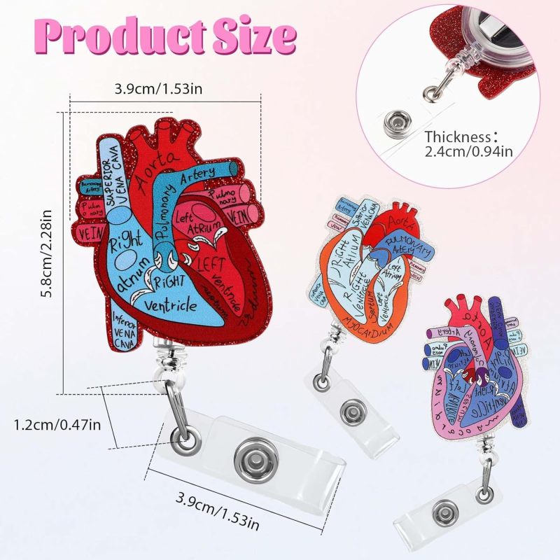 Retractable Badge Reel 3-Pack Purple Red Orange - Heart Anatomy Design Durable Acrylic Metal Construction 360-Degree Rotating Clip for Healthcare Workers Office Professionals - Image 3