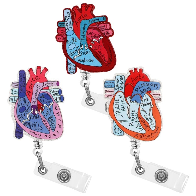 Retractable Badge Reel 3-Pack Purple Red Orange - Heart Anatomy Design Durable Acrylic Metal Construction 360-Degree Rotating Clip for Healthcare Workers Office Professionals - Image 1