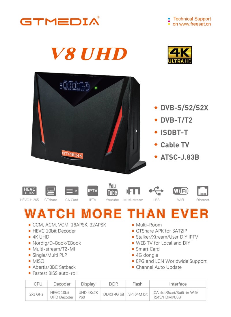 جي تي ميديا - جهاز استقبال الأقمار الصناعية الرقمي V8 UHD 4K فائق الدقة، صندوق تلفزيون ذكي، جهاز فك تشفير FTA H.265 TV Sat - Image 1