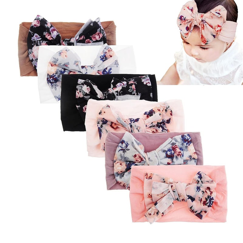 Nishine 6 Pack Cute Toddler Baby Girls Elastic Soft Nylon Headwraps Infant Knot Bow Headband Turban Pink Set6pcs - Image 1