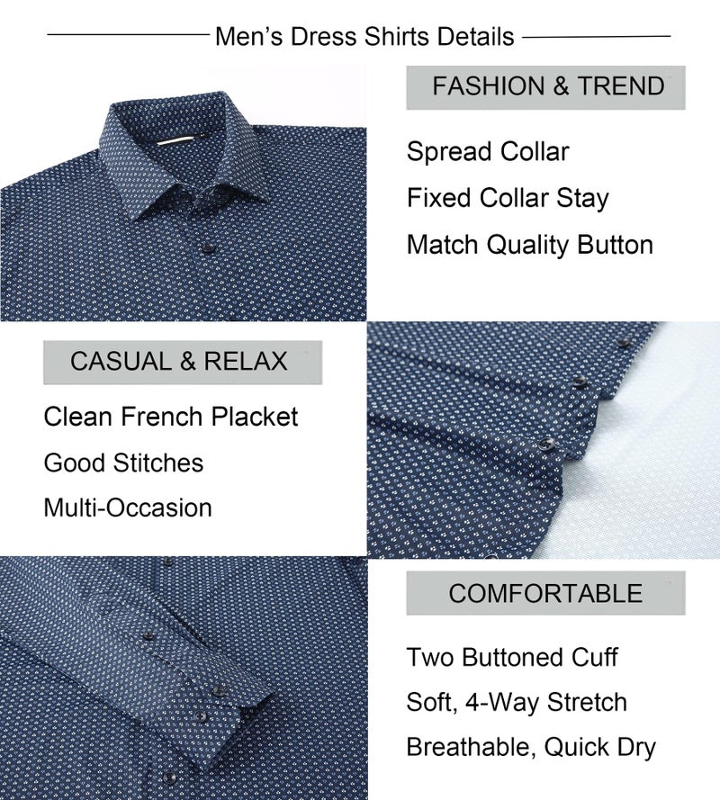 Alex Vando Mens Print Button Down Shirts Breathable Long Sleeve Regular Fit Knit Dress Shirts for Men,Navy Flower,L - Image 4