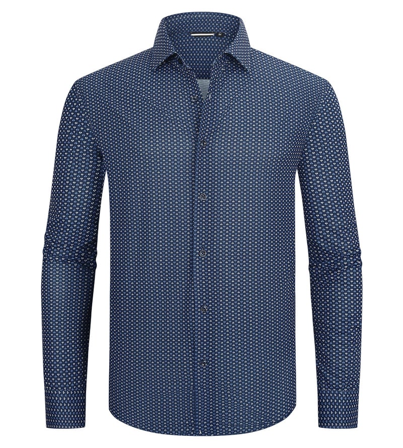 Alex Vando Mens Print Button Down Shirts Breathable Long Sleeve Regular Fit Knit Dress Shirts for Men,Navy Flower,L - Image 2