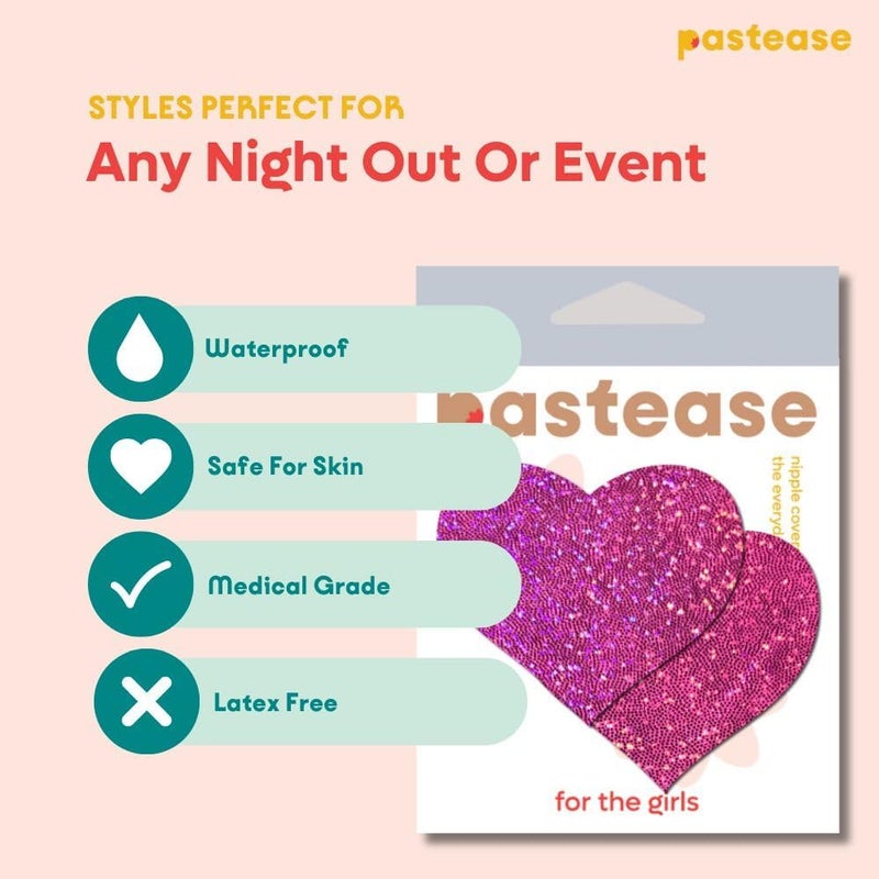 PASTEASE Store Heart Pasties - Glitter Hot Pink Heart Nipple Covers for Festivals, Raves, & Lingerie | Halloween Accessory | Latex Free & Made in USA (Glitter Hot Pink Heart) - Image 3
