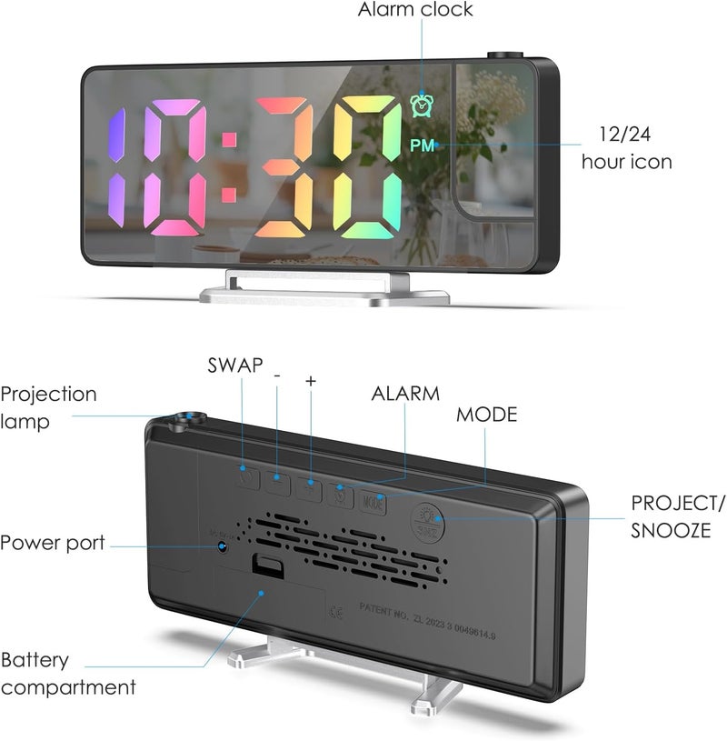 AMIR Projection Alarm Clock for Bedrooms - Digital Clock with 180 Rotatable Projector, 7.9 in Display, 4-Level Brightness, Large Screen, Alarm Clock for Heavy Sleepers, Snooze, 12/24H - Image 3