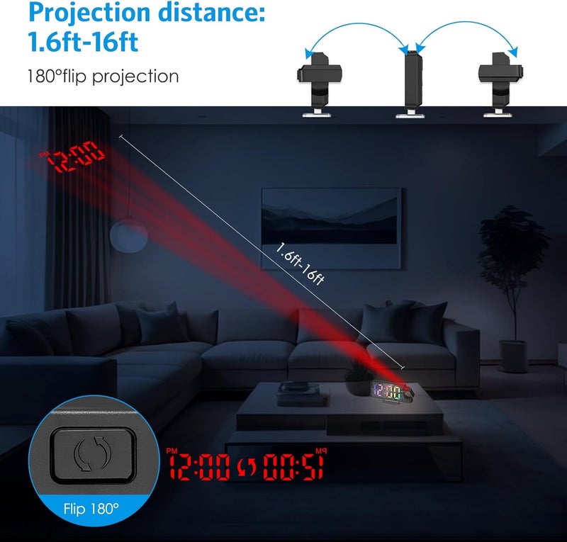 AMIR Projection Alarm Clock for Bedrooms - Digital Clock with 180 Rotatable Projector, 7.9 in Display, 4-Level Brightness, Large Screen, Alarm Clock for Heavy Sleepers, Snooze, 12/24H - Image 4