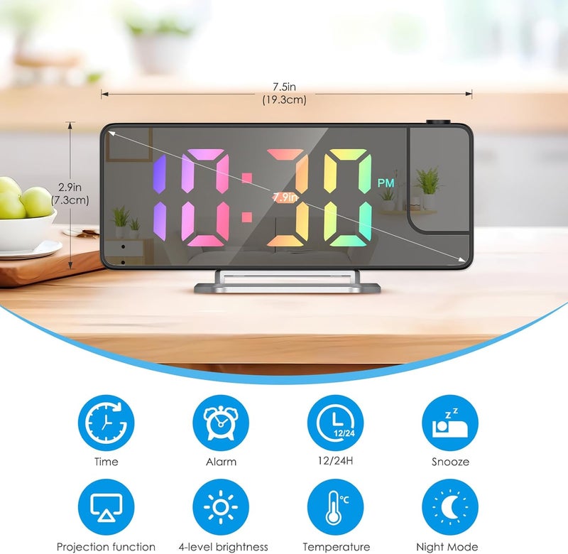AMIR Projection Alarm Clock for Bedrooms - Digital Clock with 180 Rotatable Projector, 7.9 in Display, 4-Level Brightness, Large Screen, Alarm Clock for Heavy Sleepers, Snooze, 12/24H - Image 2