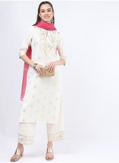 Foil Print Straight Kurta and Palazzo Pant with Dupatta Set by Styli