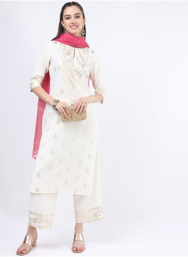 Ketch - Foil Print Straight Kurta and Palazzo Pant with Dupatta Set by Styli - Image 1