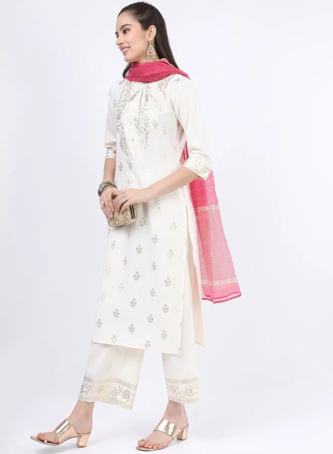 Ketch Foil Print Straight Kurta and Palazzo Pant with Dupatta Set by Styli