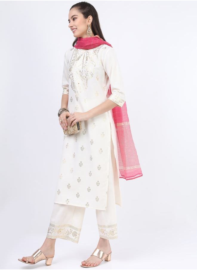 Ketch - Foil Print Straight Kurta and Palazzo Pant with Dupatta Set by Styli - Image 1