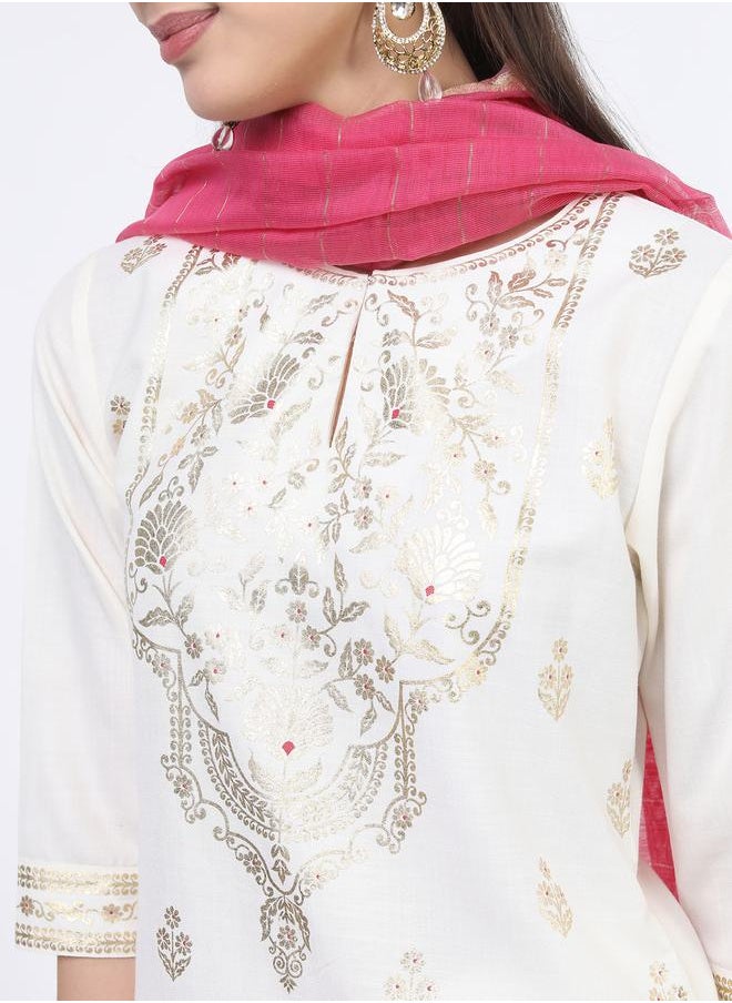 Ketch - Foil Print Straight Kurta and Palazzo Pant with Dupatta Set by Styli - Image 1