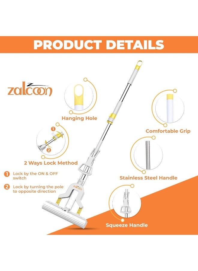 Zalcoon PVA Folding Sponge Mop, Self Squeeze Super Absorbent PVA Sponge Heads | Telescopic Metal Handle | Household Cleaning Tool for Kitchen, Tiles, Multi-Surface Hard Floors (Pack of 3) - Image 2