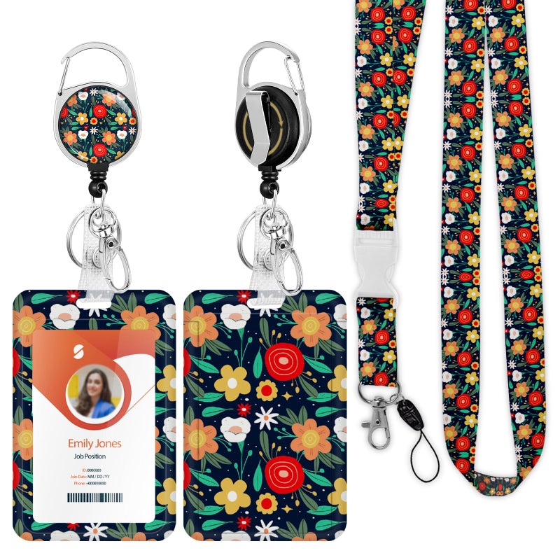 Boutilon ID Badge Holder with Lanyard,Retractable ID Badge Card Holders Detachable Neck Lanyard Strap with Badge Reel and Vertical ID Holder for Nurse Students Teachers Office Staff(Flower Orange) - Image 1