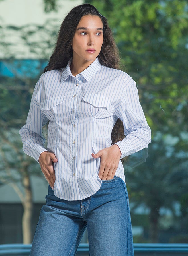 VIRGIO 100% Cotton Fitted Stripe Shirt With Flap - Image 2