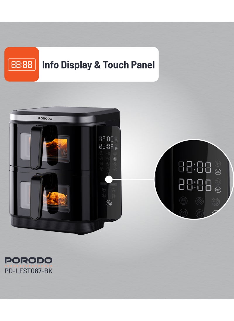 porodo - 11L Air Fryer Double Stack 5.5L+5.5L Capacity 2800W with Info Display & Touch Panel / 12 Presets / Versatile Cooking Functions / High-Efficiency Cooking / Healthier meals - Black - Image 1