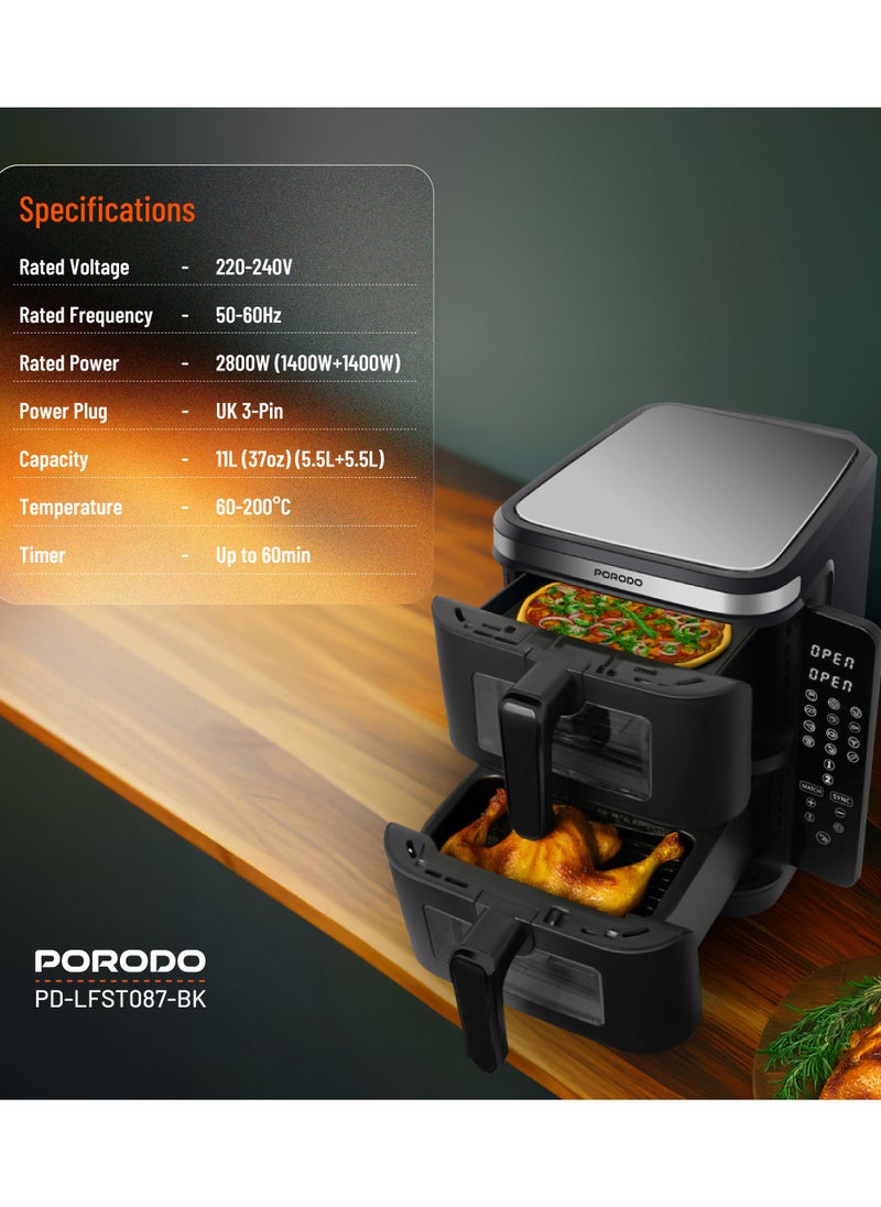 porodo - 11L Air Fryer Double Stack 5.5L+5.5L Capacity 2800W with Info Display & Touch Panel / 12 Presets / Versatile Cooking Functions / High-Efficiency Cooking / Healthier meals - Black - Image 1