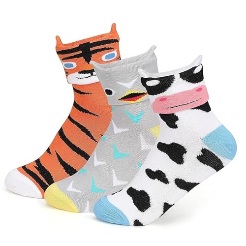 Supersox Kids Ankle Length Cotton Socks - Cute Animal Design Combo Pack of 3 - Available Sizes: 5-6, 7-8, 9-10, 11-12 Years, Multicolour - Image 1