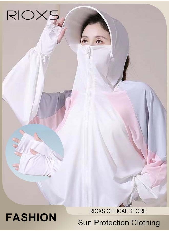 RIOXS Women's UPF 50+ Sun Protection Clothing, Outdoor Lightweight Full Zip Hoodie Jacket with Face Mask Design, Comfy Breathable Long Sleeve Coat with Thumbholes and Large Brim, Suitable for Daily Wear, Sports Training, Hiking, Fishing, Climbing or Other Outdoor Activities  - Image 1