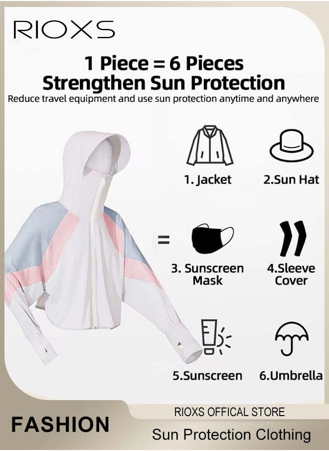 RIOXS Women's UPF 50+ Sun Protection Clothing, Outdoor Lightweight Full Zip Hoodie Jacket with Face Mask Design, Comfy Breathable Long Sleeve Coat with Thumbholes and Large Brim, Suitable for Daily Wear, Sports Training, Hiking, Fishing, Climbing or Other Outdoor Activities  - Image 3