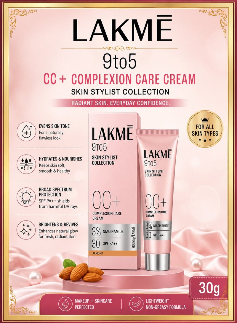 LAKME 9 To 5 Skin Stylist Collection CC Cream Complexion Care Cream SPF 30 PA++ Almond 30g - Image 1