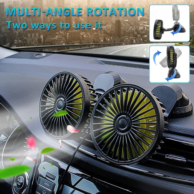PADOM 5V Dual-Head Car Fan, Portable Vehicle Fan Vehicle Mounted USB Fan Electric Fan 360 Degree Rotation Auto Cooling Car Fan Desk Fan with 3 Speed Strong Wind for Car Dashboard Home Office, black - Image 4