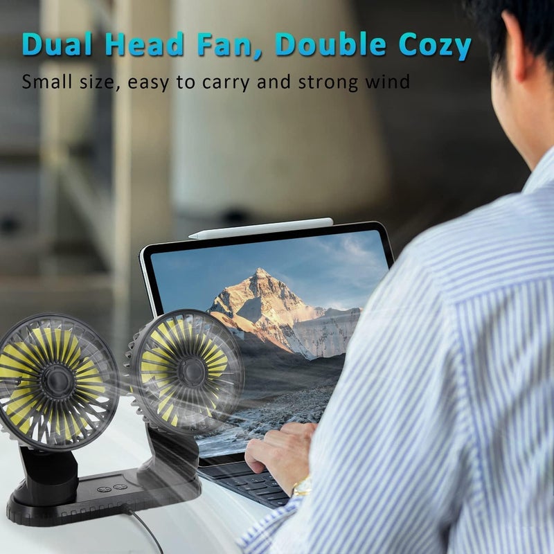 PADOM 5V Dual-Head Car Fan, Portable Vehicle Fan Vehicle Mounted USB Fan Electric Fan 360 Degree Rotation Auto Cooling Car Fan Desk Fan with 3 Speed Strong Wind for Car Dashboard Home Office, black - Image 5