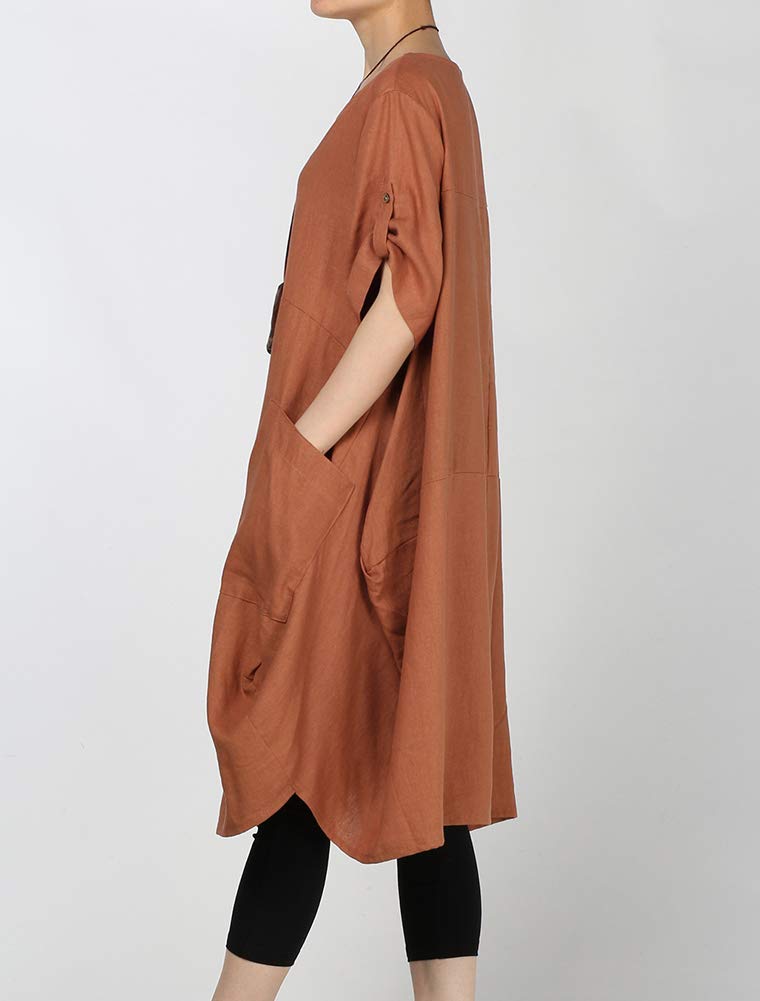 LaovanIn Women's Plus Size Tunic Dress Summer Cotton Linen T Shirt Knee-Length Dresses Medium Brown - Image 2