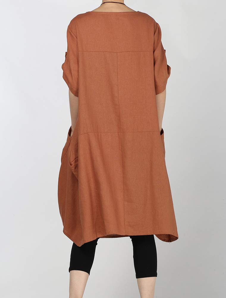 LaovanIn Women's Plus Size Tunic Dress Summer Cotton Linen T Shirt Knee-Length Dresses Medium Brown - Image 3